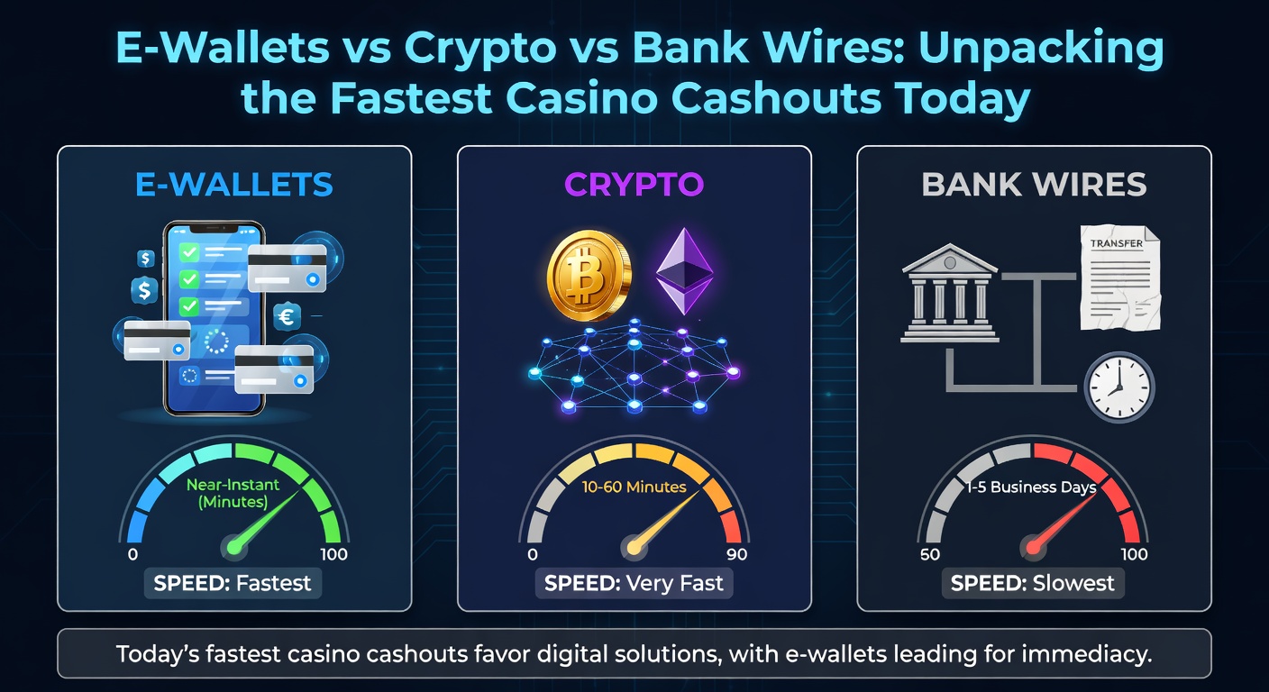 Infographic comparing payout speeds of e-wallets, cryptocurrencies, and bank wires for online casino withdrawals