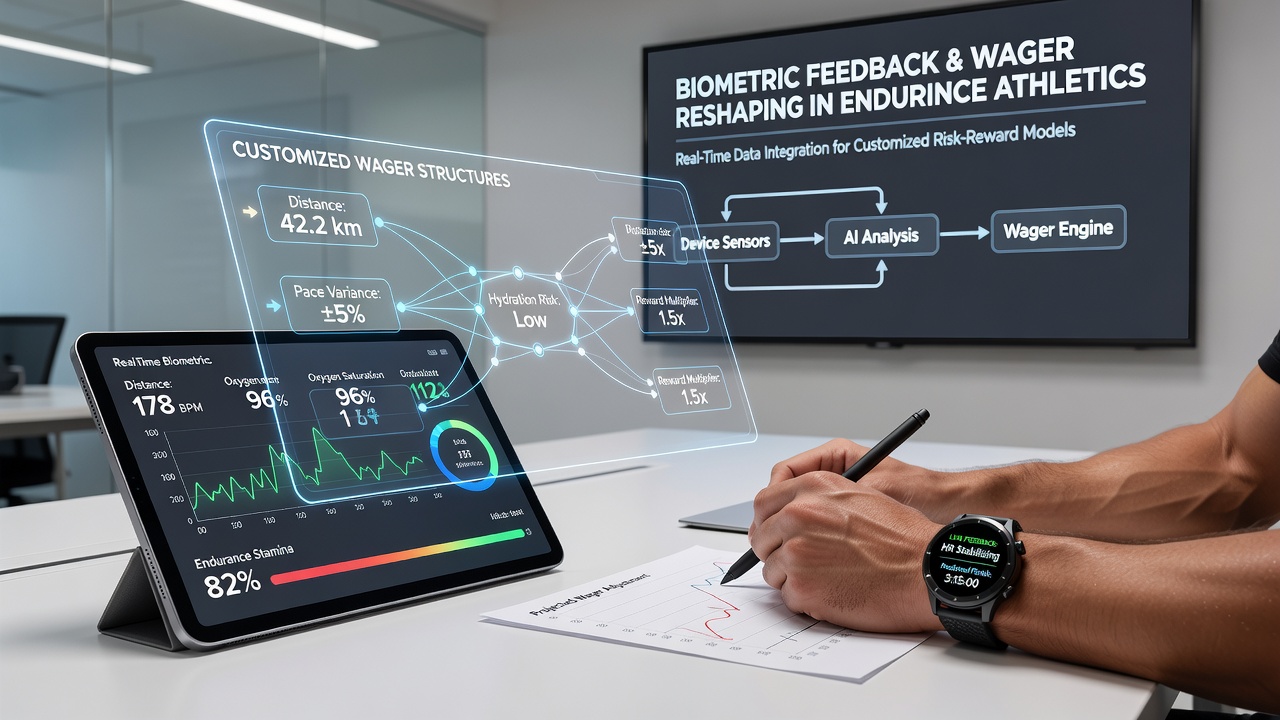 Digital betting interface displaying customized endurance sports wagers informed by biometric feedback