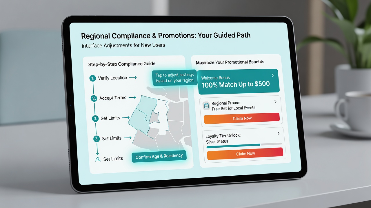 Digital wagering platform interface showing compliance prompts and promotional banners for new users
