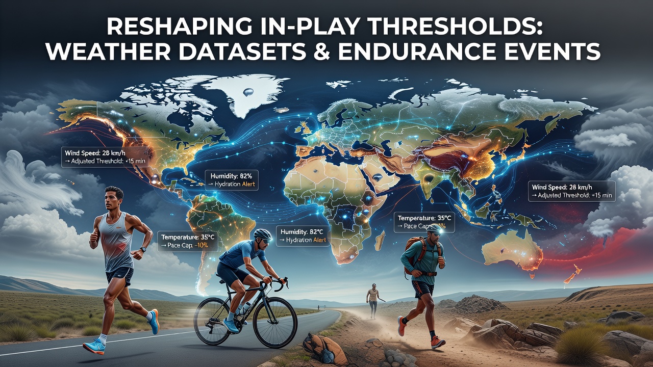 Weather pattern datasets displayed on digital interfaces monitoring outdoor endurance events