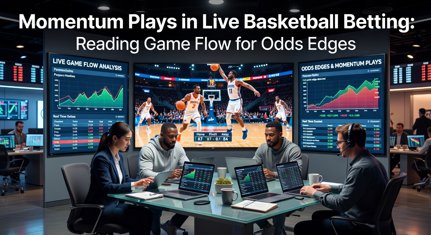 Dynamic chart illustrating momentum shifts during a live NBA game, with lines spiking on scoring runs and defensive stops