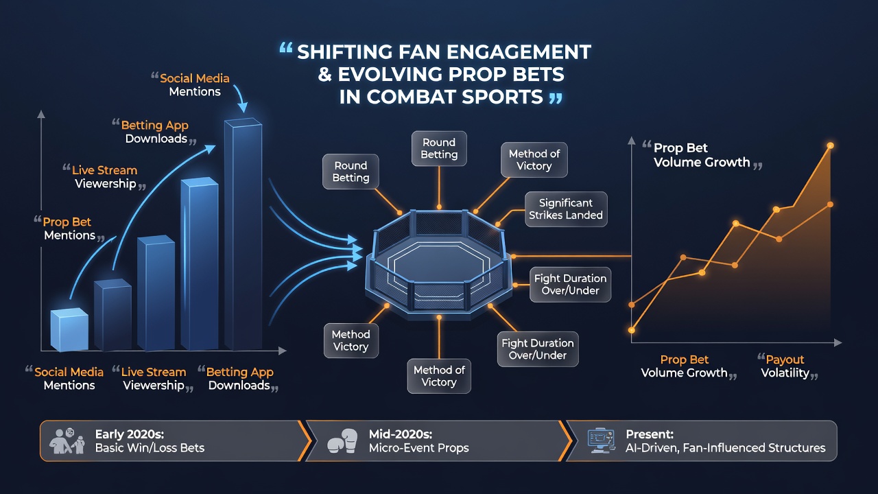 Fans engaging with combat sports events through mobile devices showing prop bet options and real-time metrics