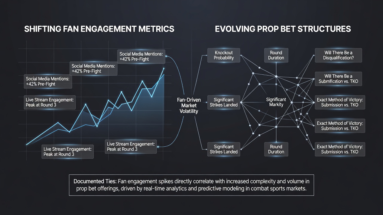 Combat sports betting interface displaying evolving prop bet options alongside engagement analytics dashboards